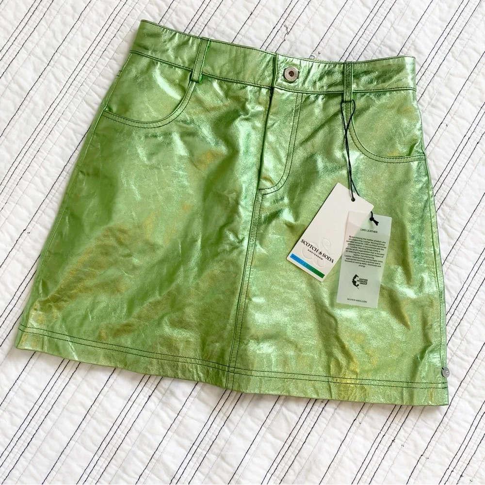 NWT Scotch & Soda Amsterdam 100% Sheep Leather Metallic Mini Skirt Fresh Mint XS